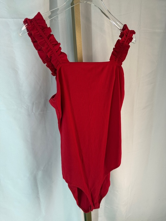 KAILEIGH Raina Ruffle Straps Knit Bodysuit Top - Small - Red - Picture 5 of 14